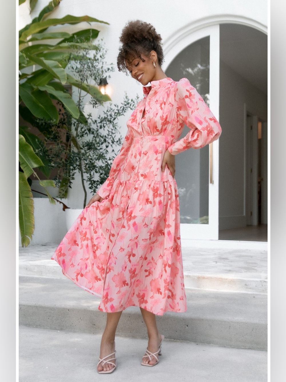 Petal & Pup Forever Print Long Sleeve Tiered Midi Dress – Pink Floral - Picture 2 of 13